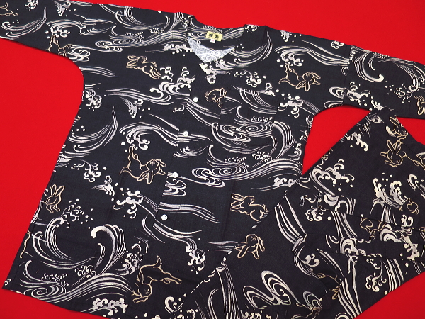 波うさぎ（黒）超巾広サイズ（４Ｌ） 大人鯉口シャツ単品