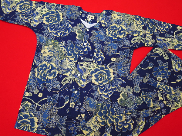 金彩牡丹と桜（藍紺）巾広サイズ（３Ｌ） 大人鯉口シャツ単品