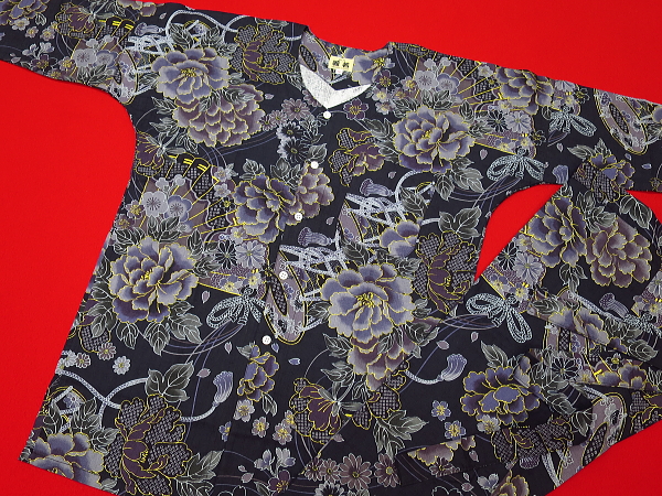 金彩牡丹と桜（藍黒）巾広サイズ（３Ｌ） 大人鯉口シャツ単品