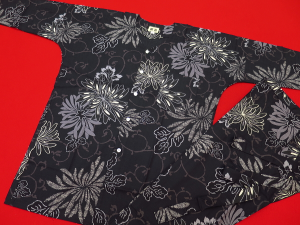 乱菊と唐草(黒）超巾広サイズ（４Ｌ） 大人鯉口シャツ単品