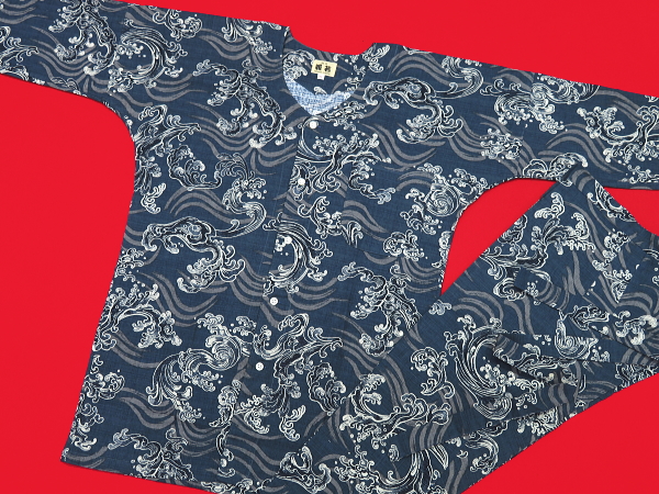 荒波しぶき（鉄紺グレー）超巾広サイズ（４Ｌ） 大人鯉口シャツ単品