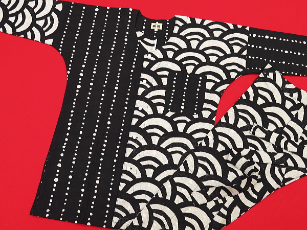 青海波と縞豆絞り（黒グレー）巾広サイズ（３Ｌ） 大人鯉口シャツ単品