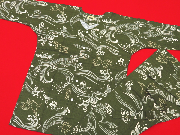 波うさぎ（渋抹茶緑）巾広サイズ（３Ｌ） 大人鯉口シャツ単品