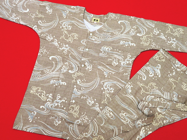 波うさぎ（ベージュグレー）巾広サイズ（３Ｌ） 大人鯉口シャツ単品