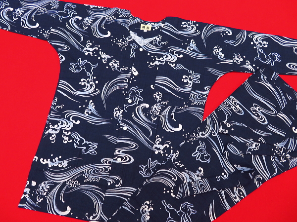 波うさぎ（紺）巾広サイズ（３Ｌ） 大人鯉口シャツ単品