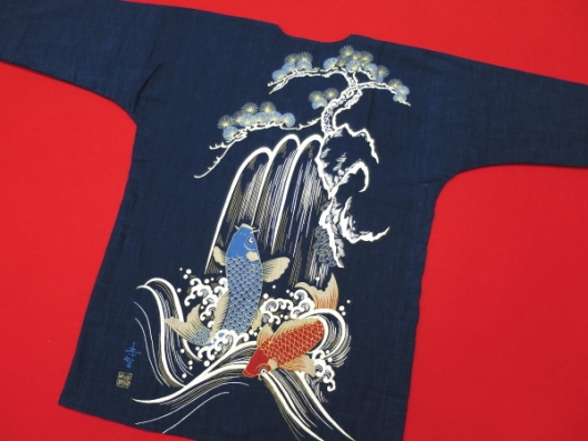 鯉の滝昇り（藍調むら染め・藍紺）大サイズ（Ｌ）大人鯉口シャツ