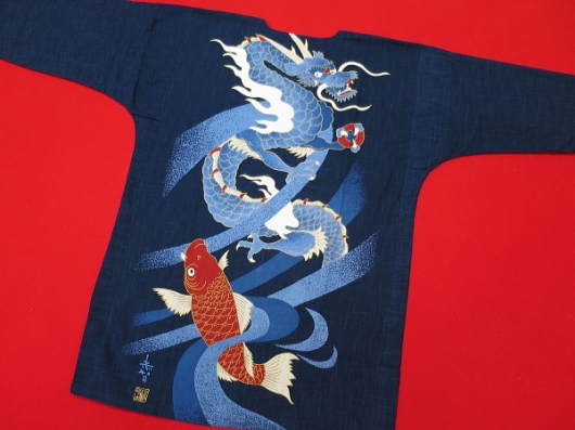 鯉と昇龍（藍調むら染め・藍紺）巾広サイズ（３Ｌ）大人鯉口シャツ