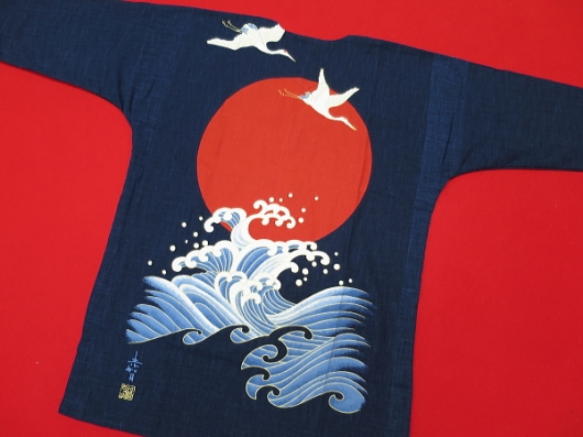 波と鶴（藍調むら染め・藍紺）小サイズ（Ｓ） 大人鯉口シャツ