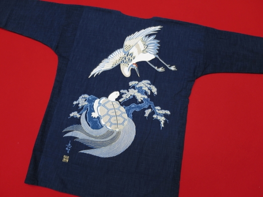 鶴亀（藍調むら染め・藍紺）巾広サイズ（３Ｌ） 大人鯉口シャツ