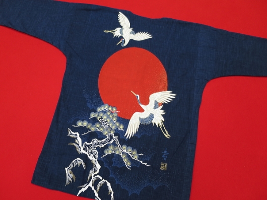 鶴と松（藍調むら染め・藍紺）小サイズ（Ｓ） 大人鯉口シャツ
