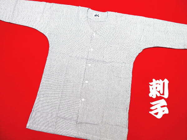 東京いろは 刺子生地（白×黒）特大サイズ（ＬＬ）　大人鯉口シャツ 綿100%