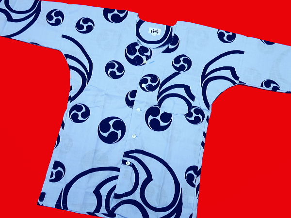 東京いろは 三つ巴（水色）特大サイズ（ＬＬ）　大人鯉口シャツ 注染 手拭生地 綿100%