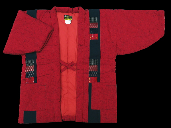 本場久留米 綿入りはんてん 縞パッチワーク（赤）女性用フリーサイズ　日本製