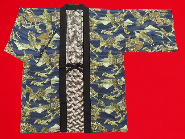 アンティーク和柄！綿入れ半纏リバーシブル（鷹と富士 紺系）男性用フリーサイズ