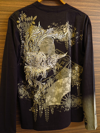 藤扇に鳳凰刺繍（黒グレー）和柄長袖Ｔシャツ  Ｍサイズ