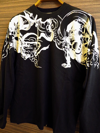 風神雷神刺繍（黒）ＸＸＬサイズ 和柄長袖Tシャツ