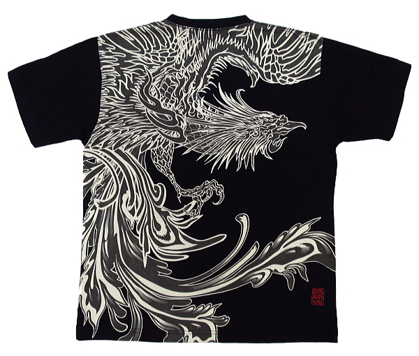 鳳凰に菊（黒）Ｌサイズ 絡繰魂の和柄半袖Tシャツ 