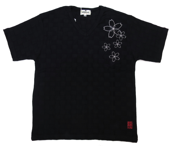 家紋桜（黒）Ｍサイズ 絡繰魂の和柄Vネック半袖Tシャツ 