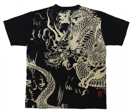 龍神に桜（黒）Ｍサイズ 絡繰魂の和柄半袖Tシャツ 
