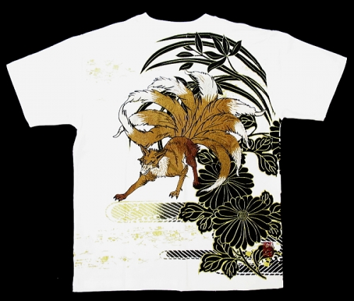 九尾の狐（白）ＸＬサイズ 絡繰魂の和柄半袖Tシャツ 
