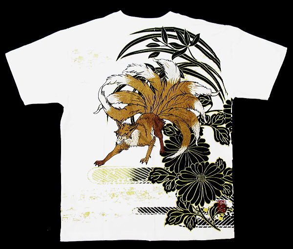 九尾の狐（白）Ｌサイズ 絡繰魂の和柄半袖Tシャツ 