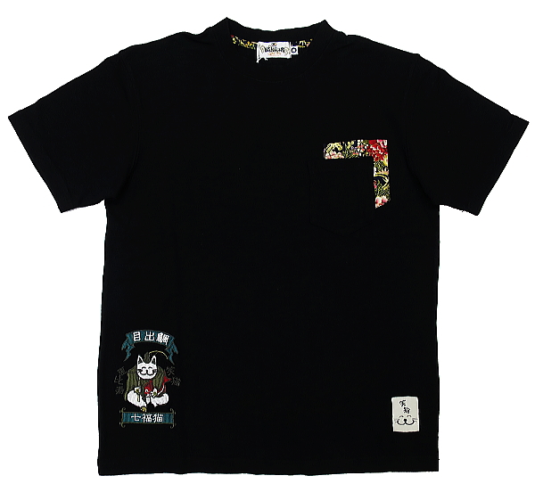 笑猫と七福神宝船（黒）Ｍサイズ 絡繰魂の和柄半袖Tシャツ 