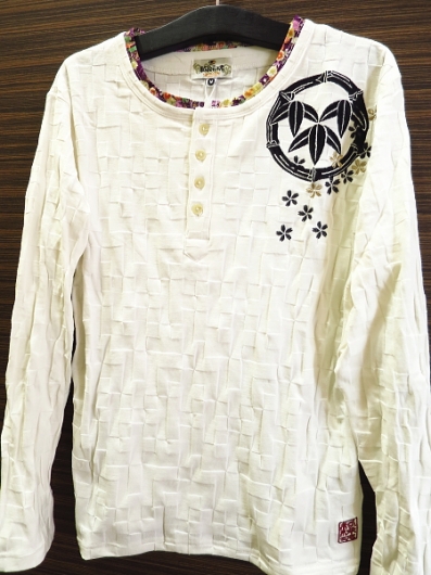 笹家紋刺繍（白）Ｍサイズ 和柄長袖ヘンリーTシャツ