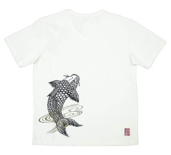 流水鯉刺繍（白）Ｍサイズ 絡繰魂 和柄ＶネックＴシャツ