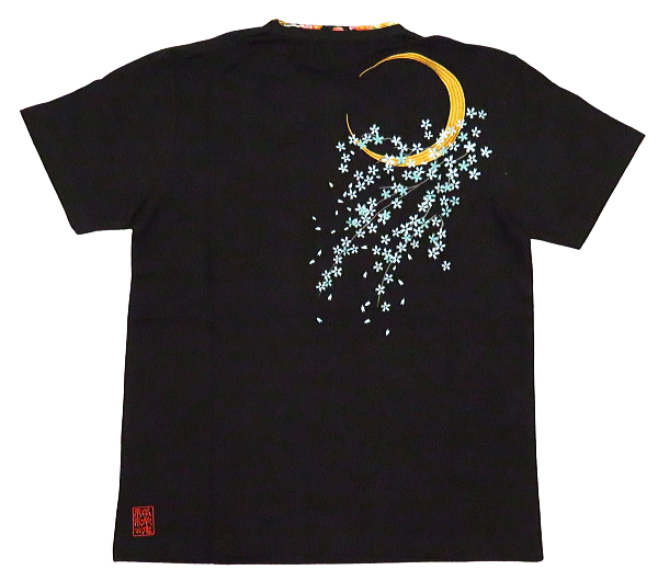 月桜刺繍（黒）ＸＸＬサイズ 和柄ヘンリーネック半袖Ｔシャツ 絡繰魂