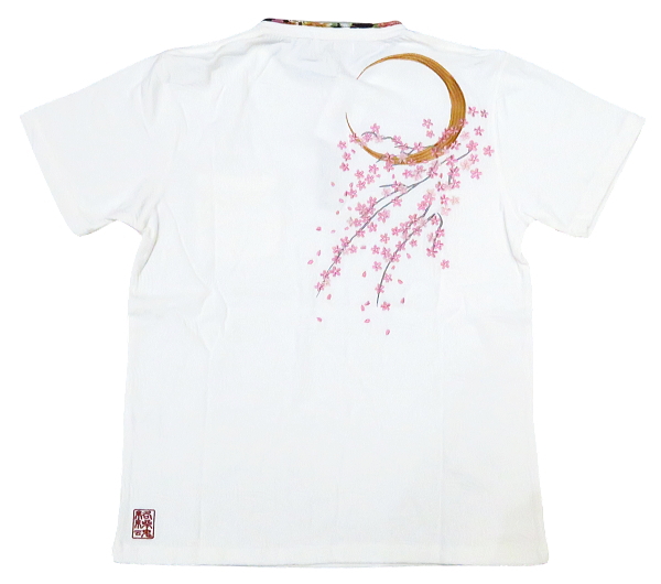 月桜刺繍（白）Ｌサイズ 和柄ヘンリーネック半袖Ｔシャツ 絡繰魂