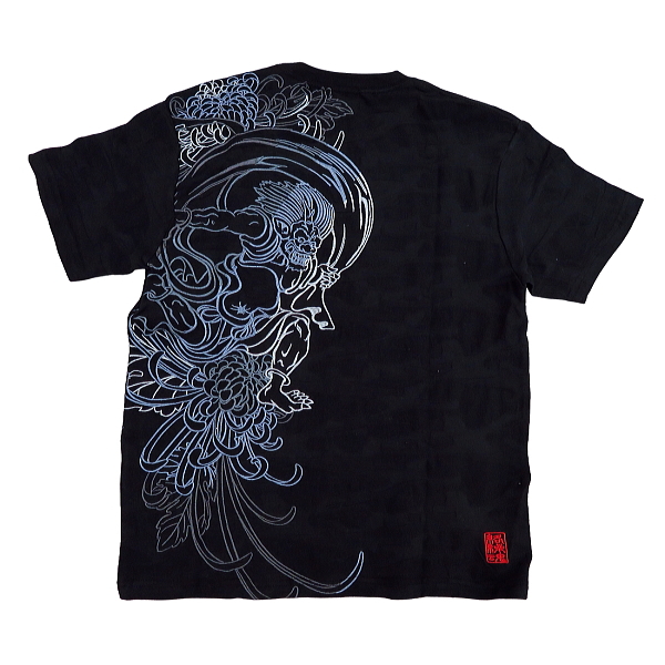 風神雷神総刺繍（黒）Ｍサイズ 絡繰魂の和柄半袖Tシャツ 