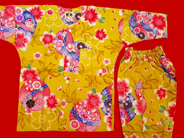 まりと桜（カラシ）３号サイズ（１１０）子供鯉口シャツ上下組