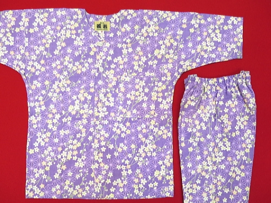 桜と麻の葉（ふじ紫）１号サイズ（９０）子供鯉口シャツ上下組