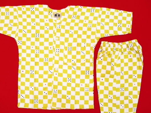 サイコロ市松（黄）2号サイズ（１００）子供鯉口シャツ上下組