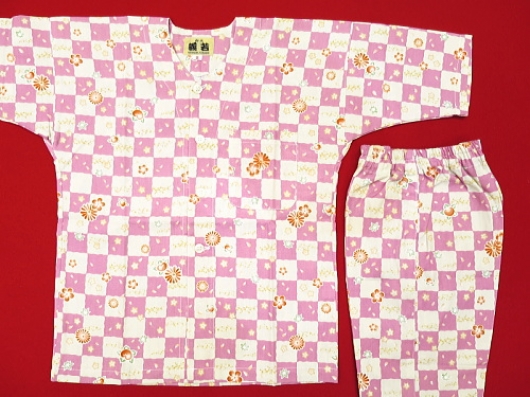 花市松（ピンク）１号サイズ（９０）子供鯉口シャツ上下組