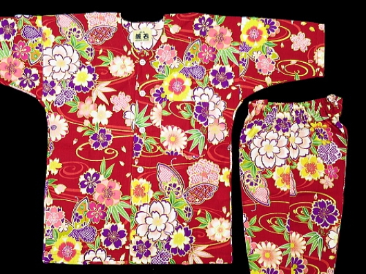 流水に花と蝶（赤）５号サイズ（１３０）子供鯉口シャツ上下組