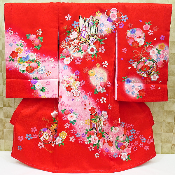 【舞い桜・御所車・赤】女児 初着 祝着 のしめ 産着 女の子のお宮参り着物