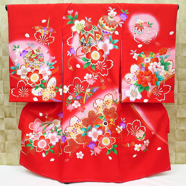 【まりと桜・鶴・赤ピンクぼかし】女児 初着 祝着 のしめ 産着 女の子のお宮参り着物