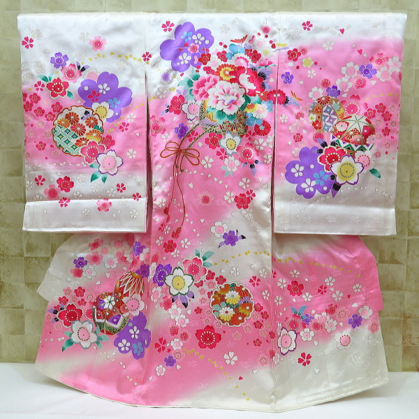 【花車・毬と桜・白ピンク】女児 初着 祝着 のしめ 産着 女の子のお宮参り着物